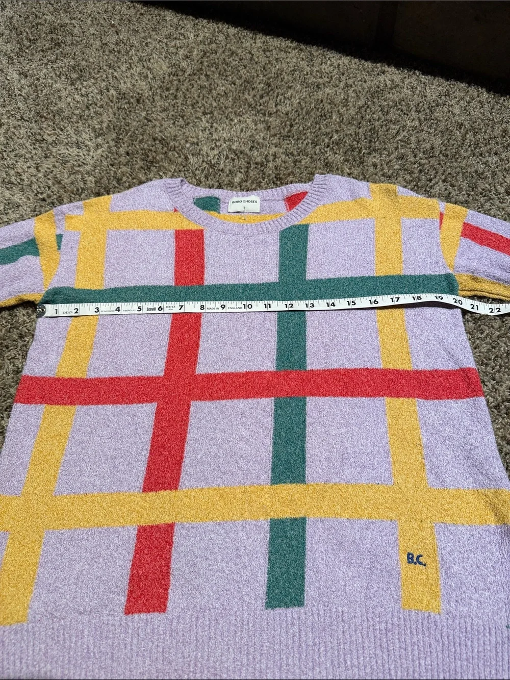 Bobo Choses Lavender Crewneck Sweater with Red, Green and Yellow Plaid - Picture 9 of 11